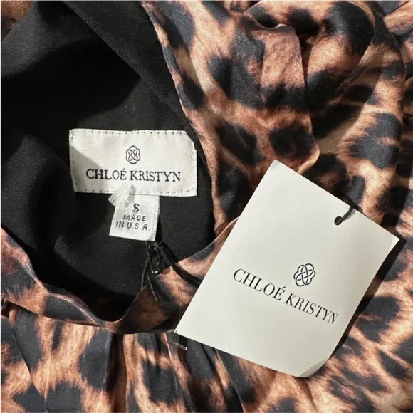 NWT Chloe Kristyn [ Small ] Satin Bell Sleeve Mini Dress in Leopard Animal Print - Picture 6 of 14